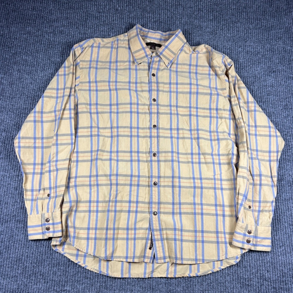 Saltaire Shirt Mens L Button Down  Yellow Blue Plaid Long Sleeve Pocket Cotton